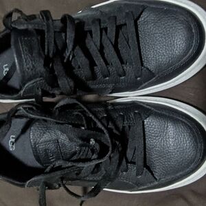 UGG Woman's Black Leather Low-Profile Sneakers with White Midsole